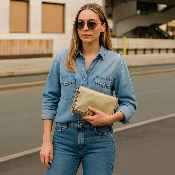 Stella McCartney Falabella Vegan Faux Leather Fold-Over Clutch Gold Vegan Gift - Picture 4 of 16